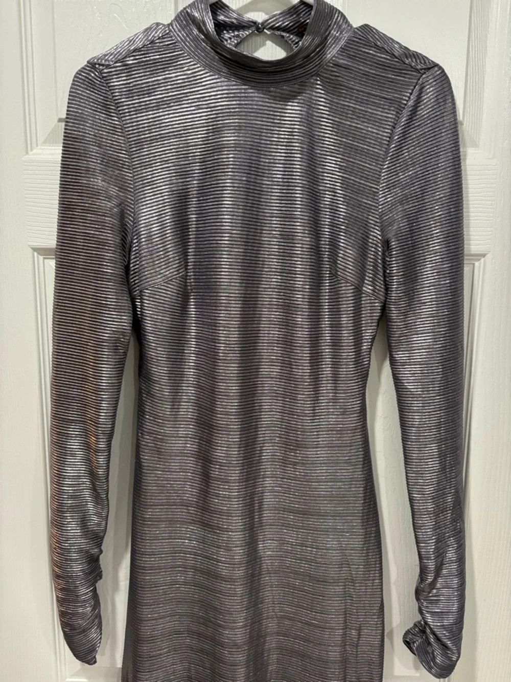 NWT Free People Metallic Silver Long Sleeve Open Back Evening Gown - Picture 4 of 10